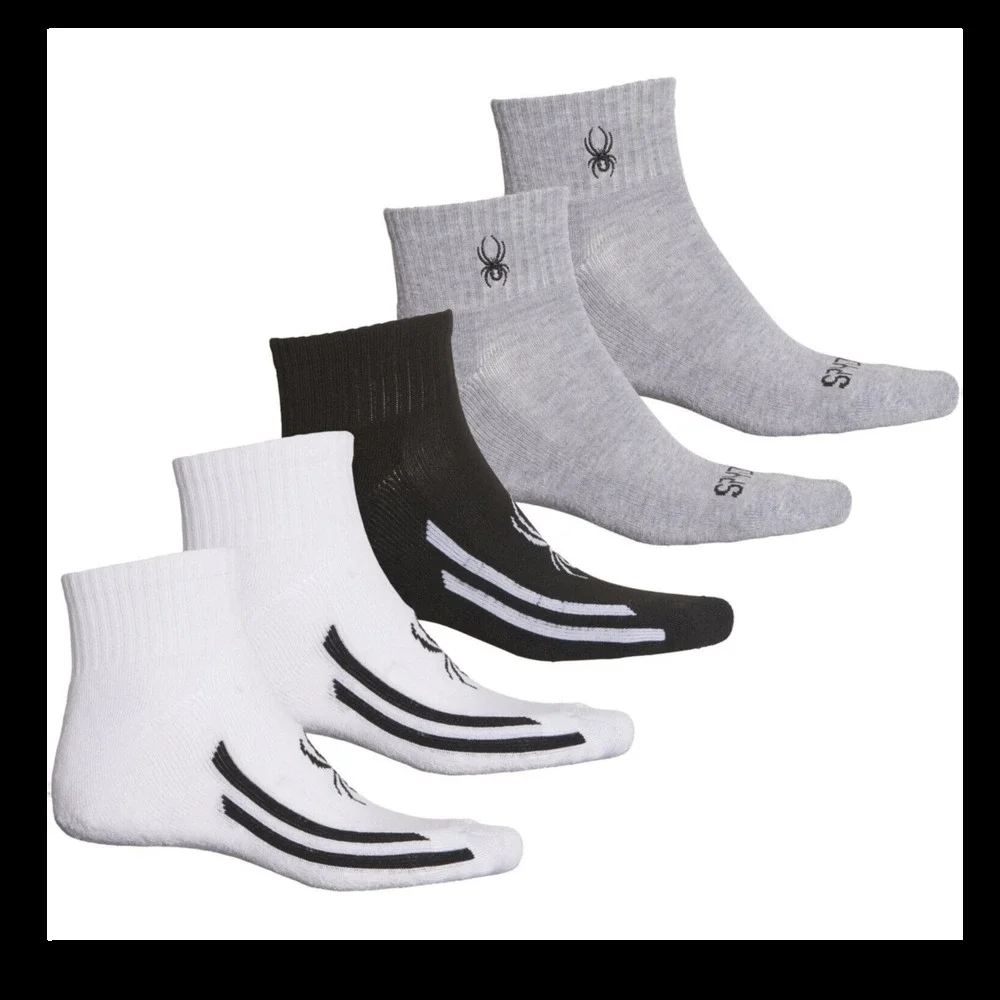 Spyder Men Stripe Quarter Socks 5 Pairs White Black Gray Shoe Size 6 -12 New Tag